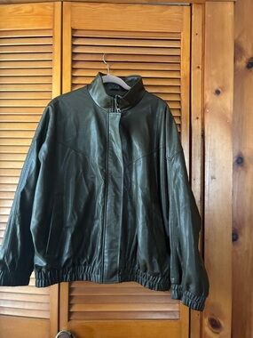 Zara Olive Green Leather Bomber Jacket
